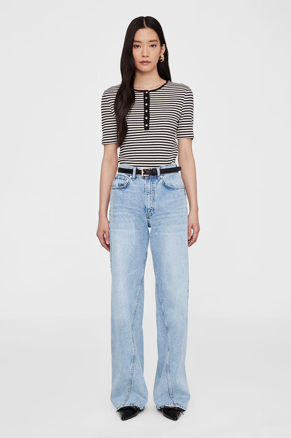 ANINE BING Alessia Tee - Cream And Black Stripe - On Model Front