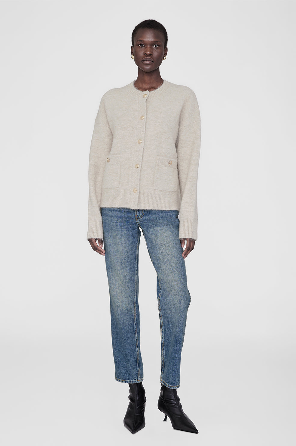 ANINE BING Bobbie Cardigan - Light Oat - On Model Front