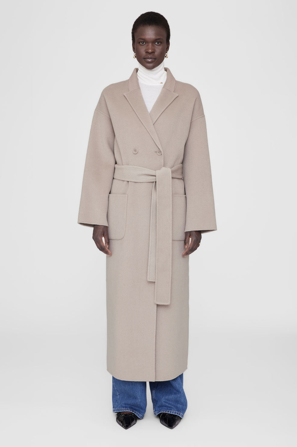 ANINE BING Dylan Maxi Coat - Taupe Cashmere Blend - On Model Front