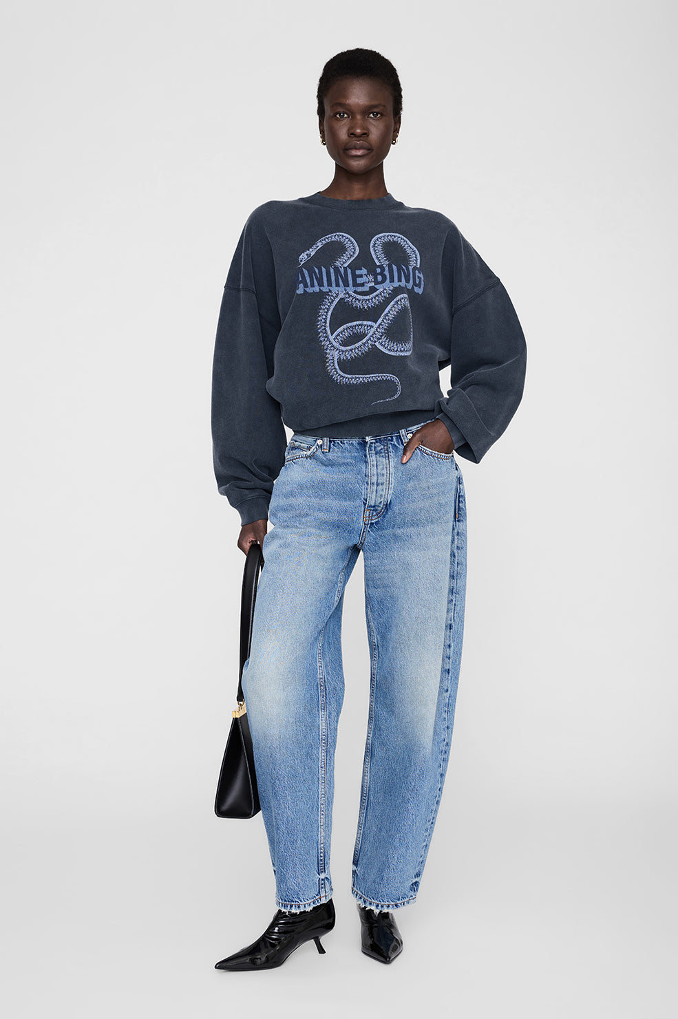 ANINE BING Harvey Crew Sweatshirt Snake - Washed Black