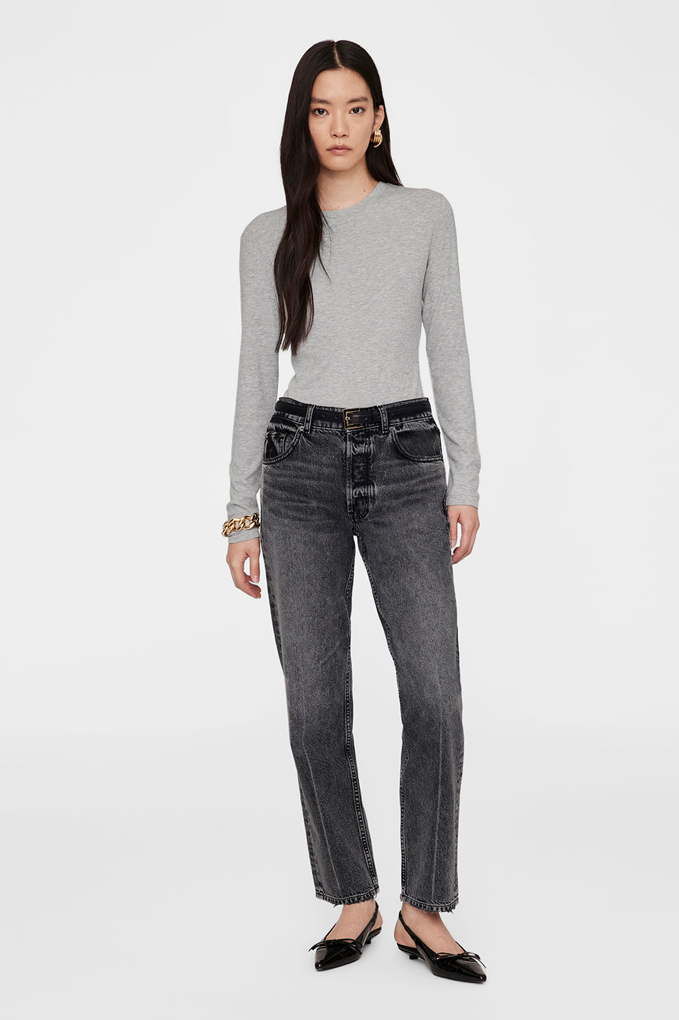 ANINE BING Jo Long Sleeve Tee - Heather Grey - On Model Front