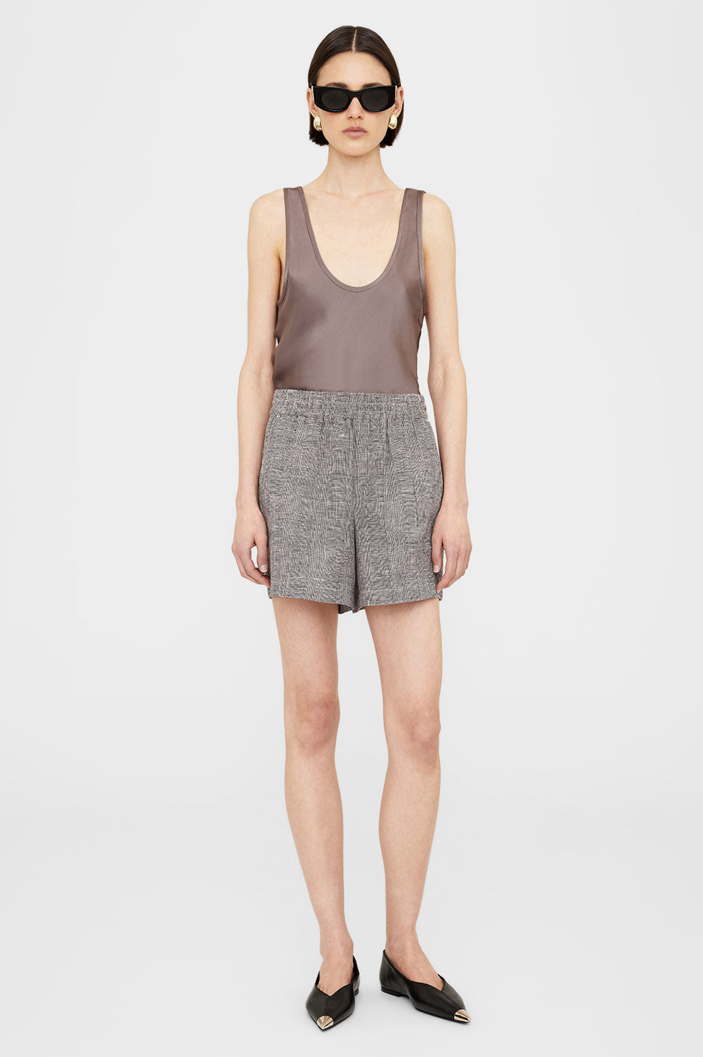 ANINE BING Kam Short - Brown Plaid - On Model Front