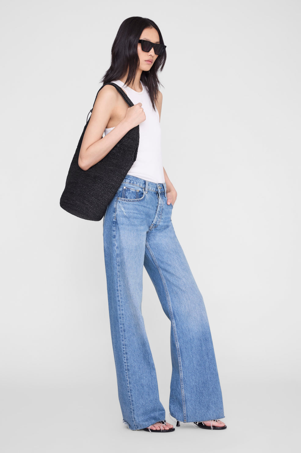 ANINE BING Leah Hobo Bag Plain Raffia - Black