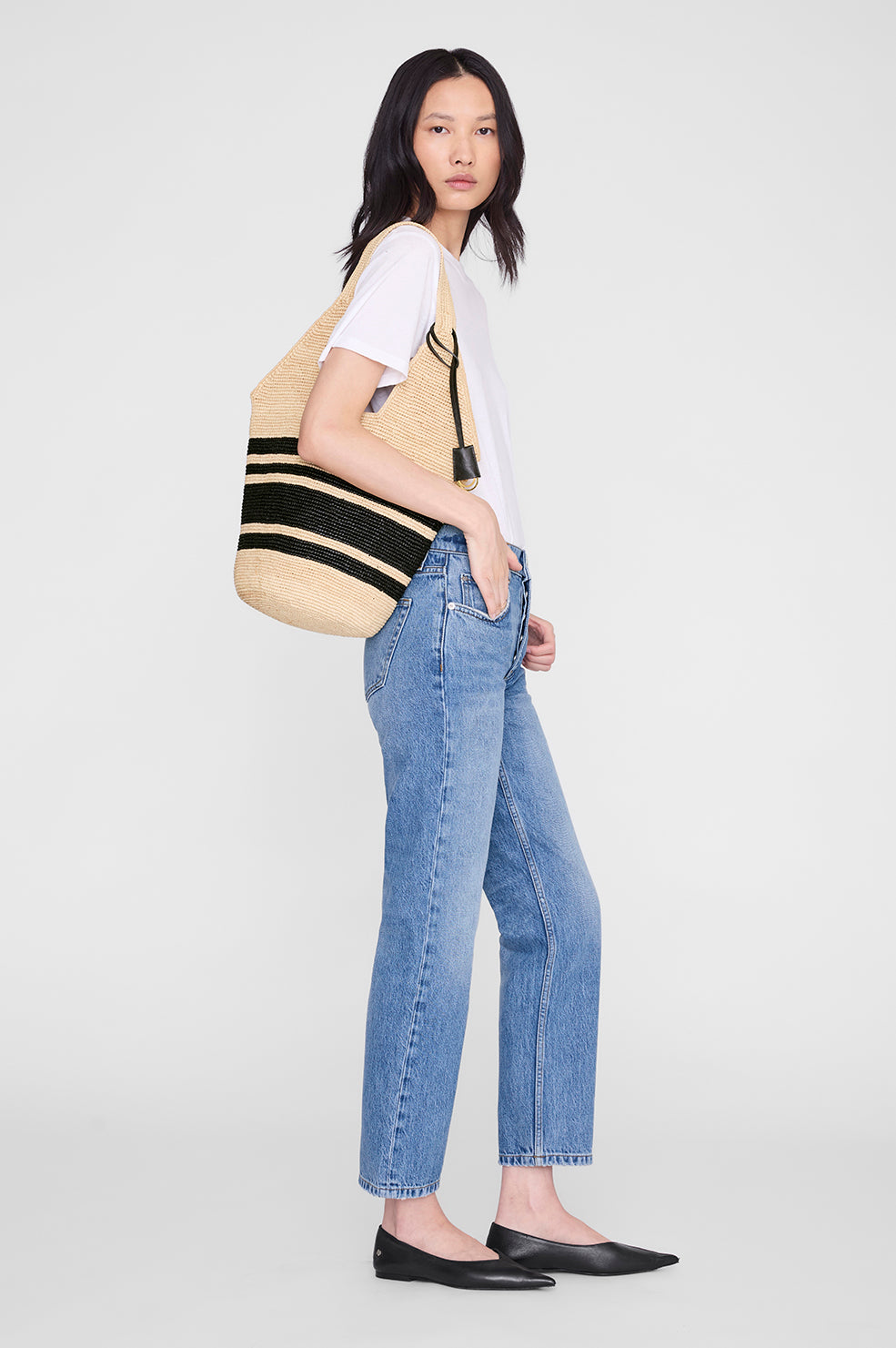ANINE BING Leah Stripes Hobo Raffia - Black And Natural Stripe