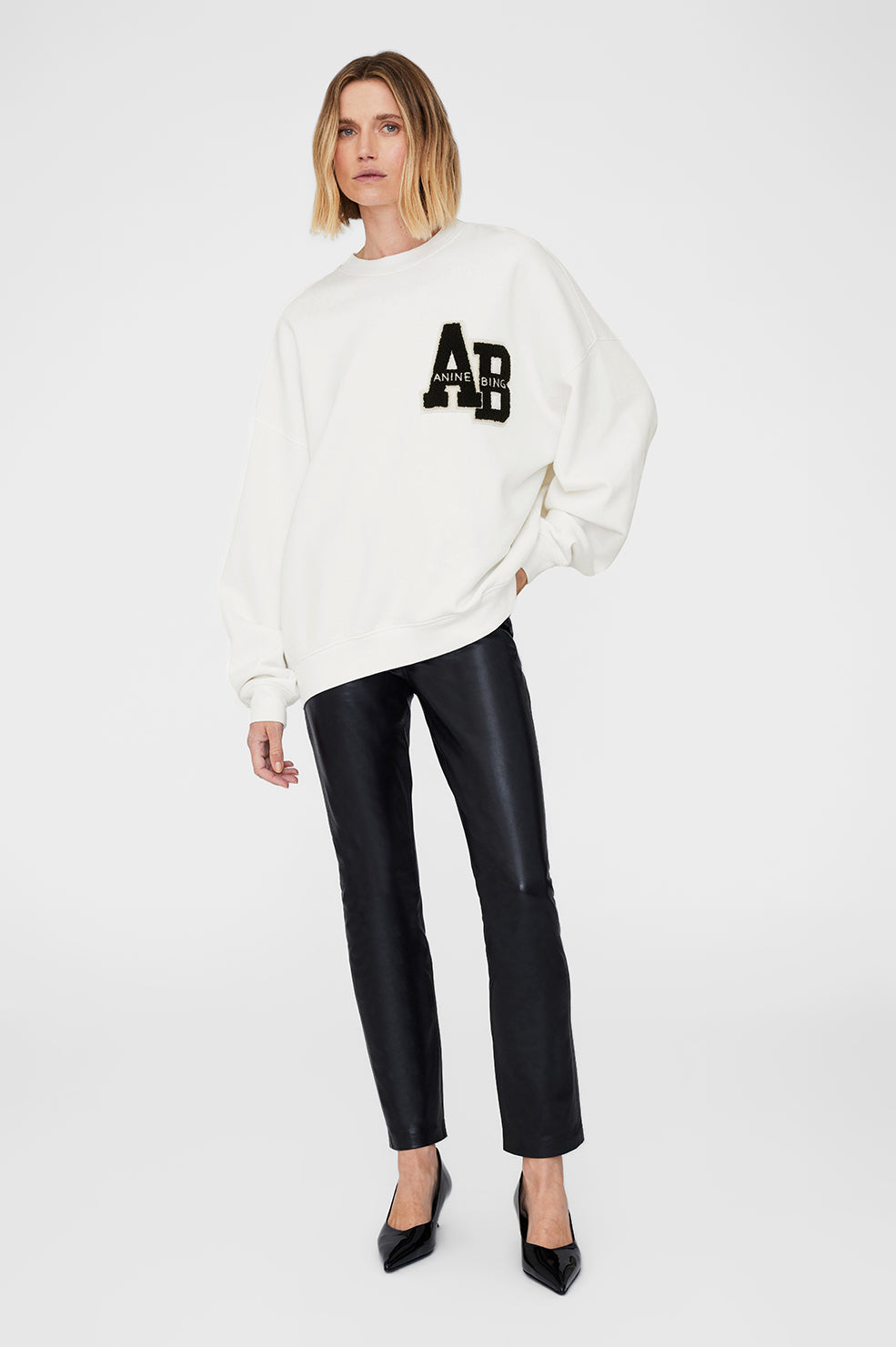 ANINE BING Miles Oversized Sweatshirt Letterman - Off White - On Model Front