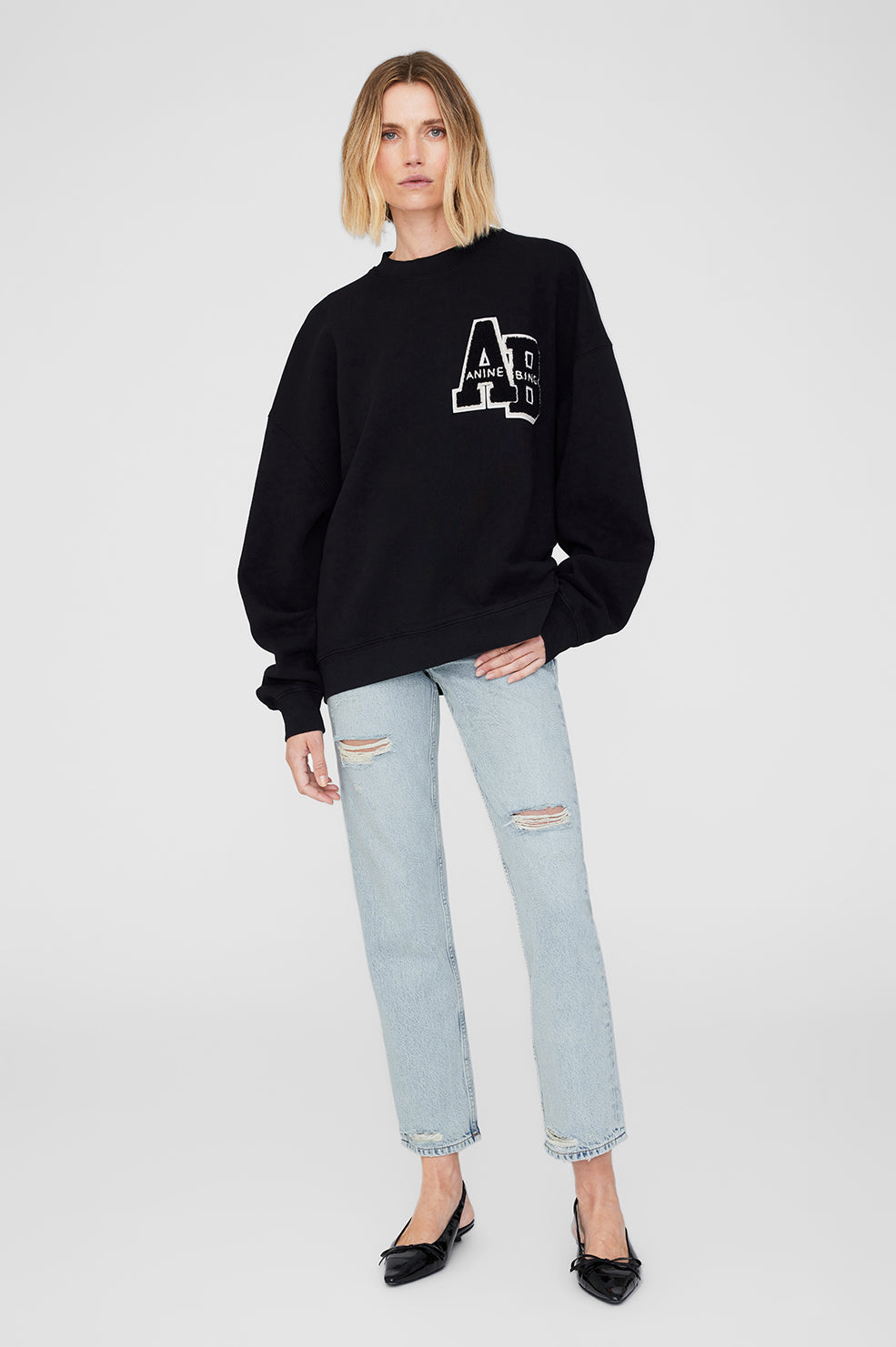 ANINE BING Miles Sweatshirt Letterman - Black - On Model Front