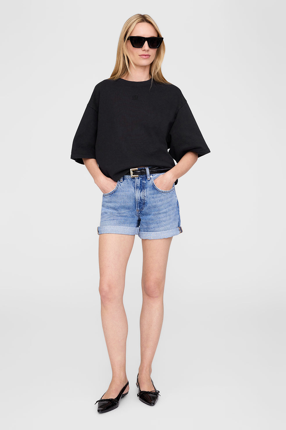 ANINE BING Myers Cropped Tee - Faded Black French Terry - On Model Front