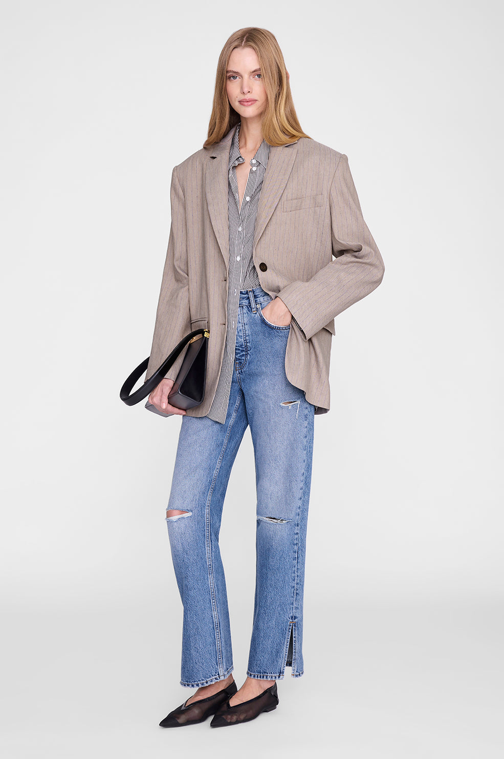ANINE BING Quinn Blazer - Taupe And Blue Pinstripe - on model front second image