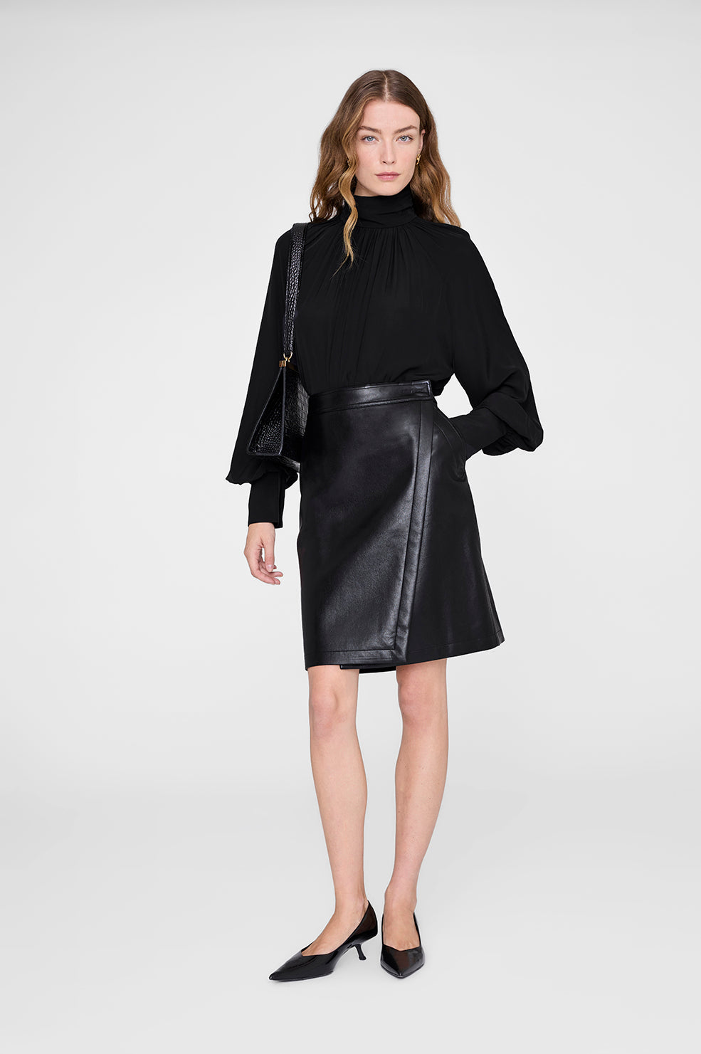 ANINE BING Alanis Skirt - Black Recycled Leather - on model front