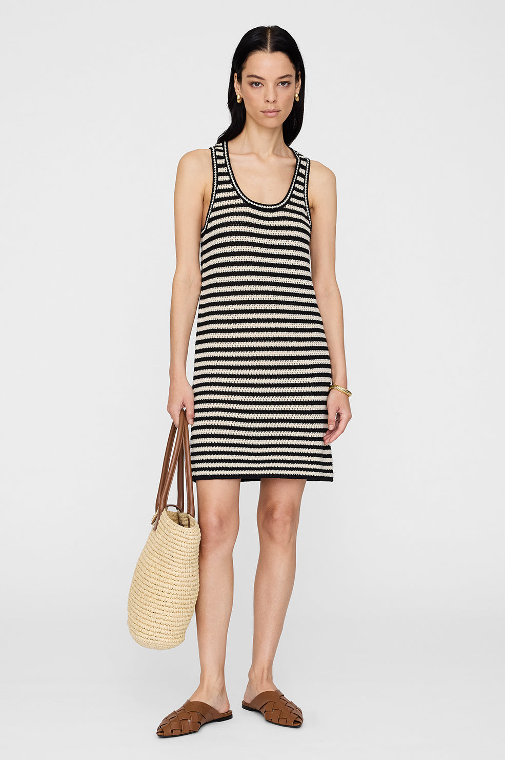 ANINE BING Arie Dress - Black And Ivory Stripe - On Model Front