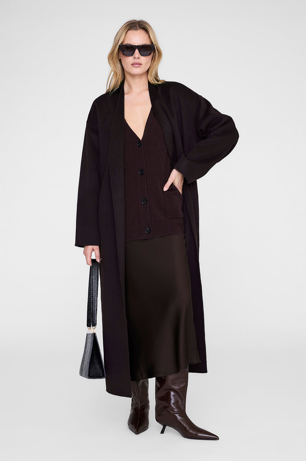 ANINE BING Bar Silk Skirt - Deep Brown - on model front