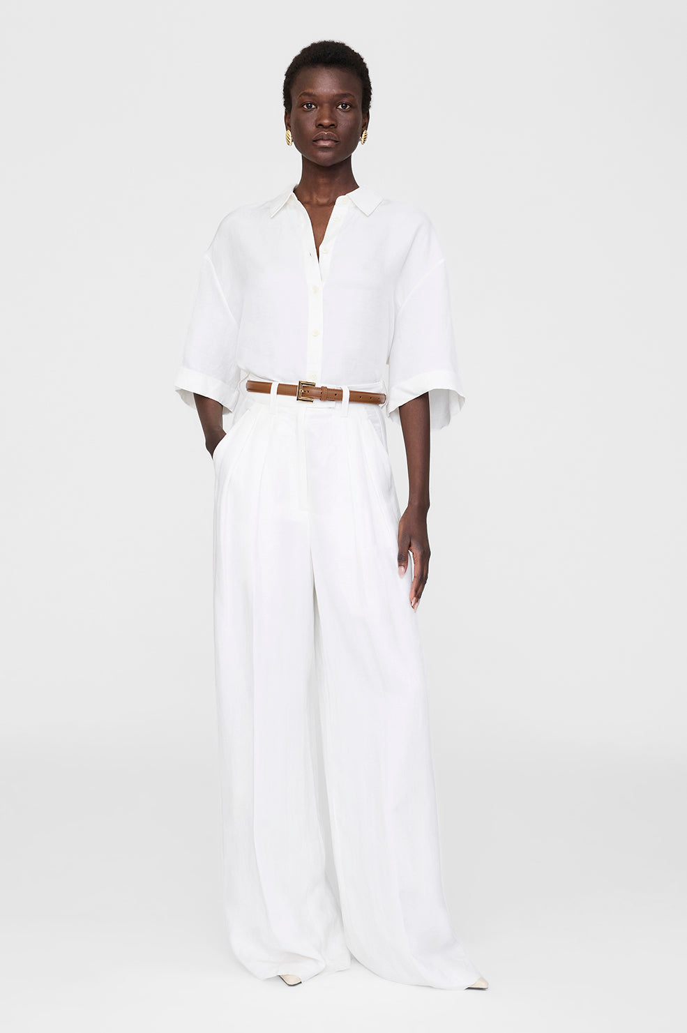 ANINE BING Lou Trouser - Ivory Linen Blend - On Model Front