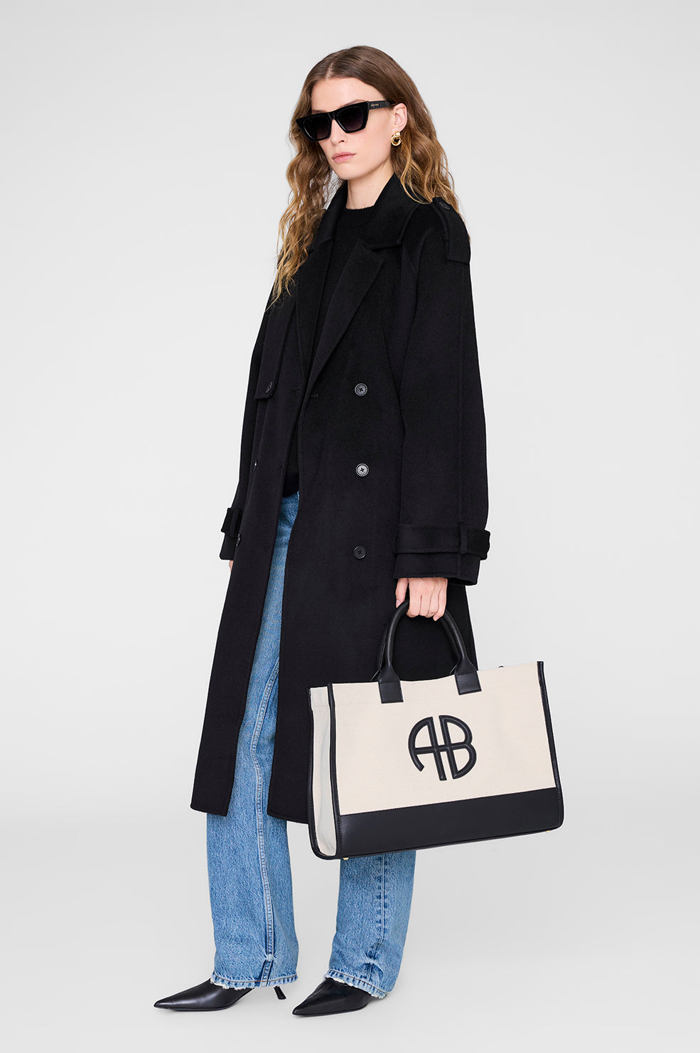 ANINE BING Medium Lara Tote - Natural Canvas With Black
