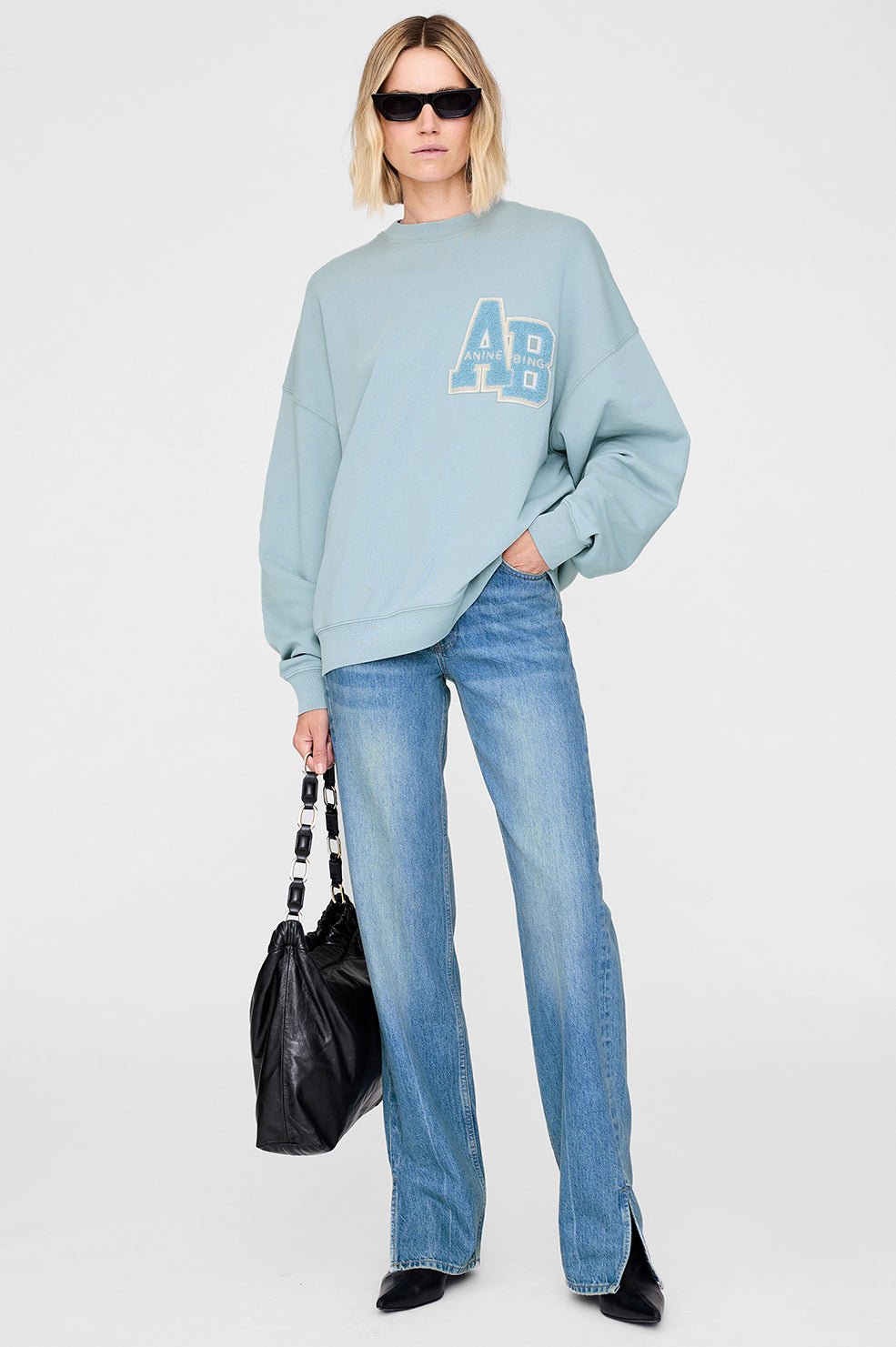 ANINE BING Miles Oversized Letterman Sweatshirt in Washed Navy ANINE BING Miles Oversized Letterman Sweatshirt in Washed Navy