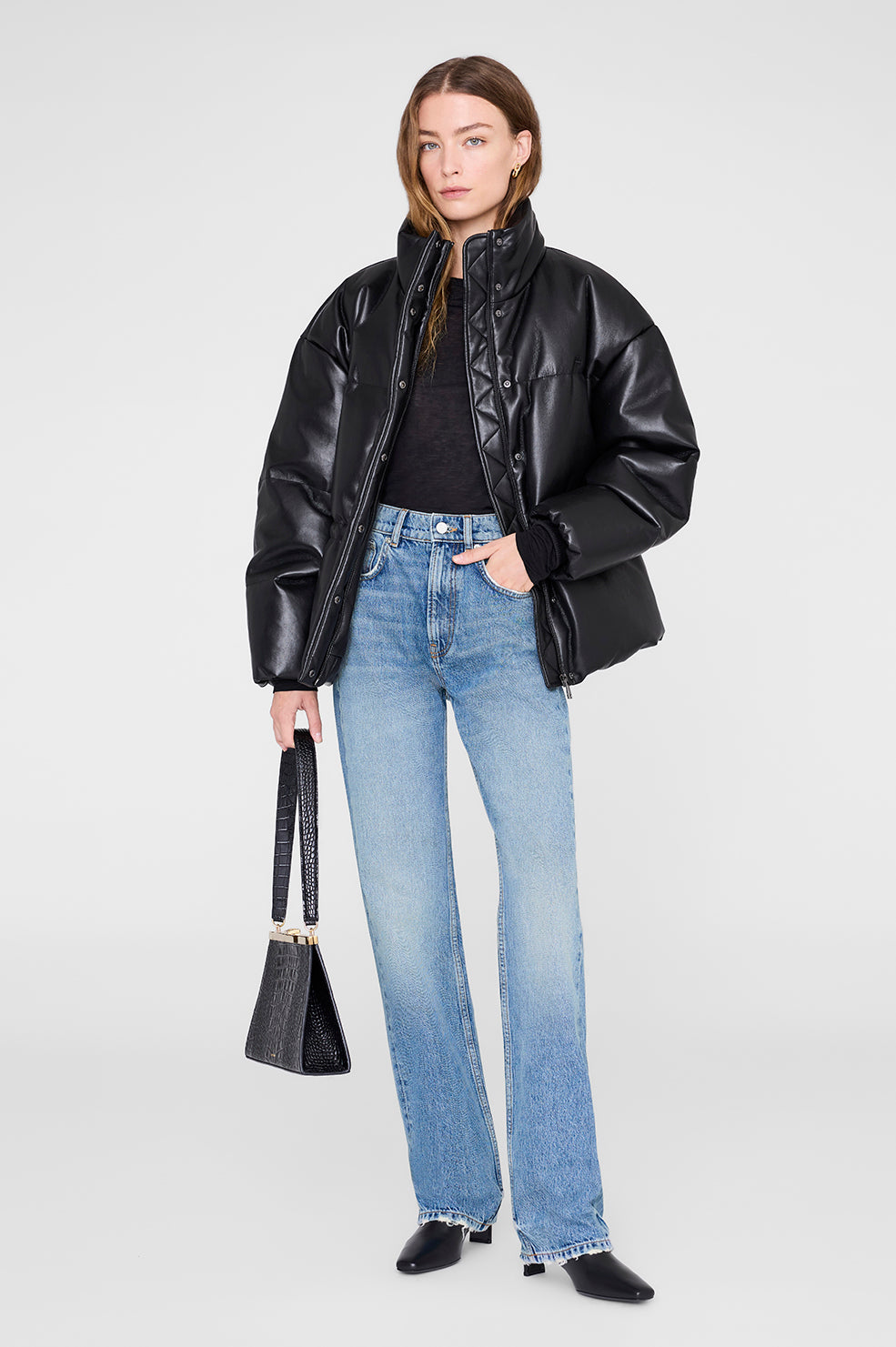 ANINE BING Oslo Puffer - Black Recycled Leather - on model front