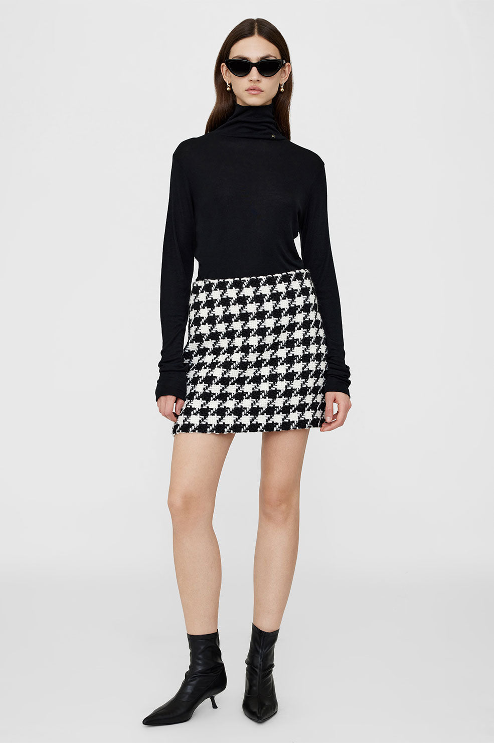 ANINE BING Ada Skirt - Black And White Houndstooth - On Model Front