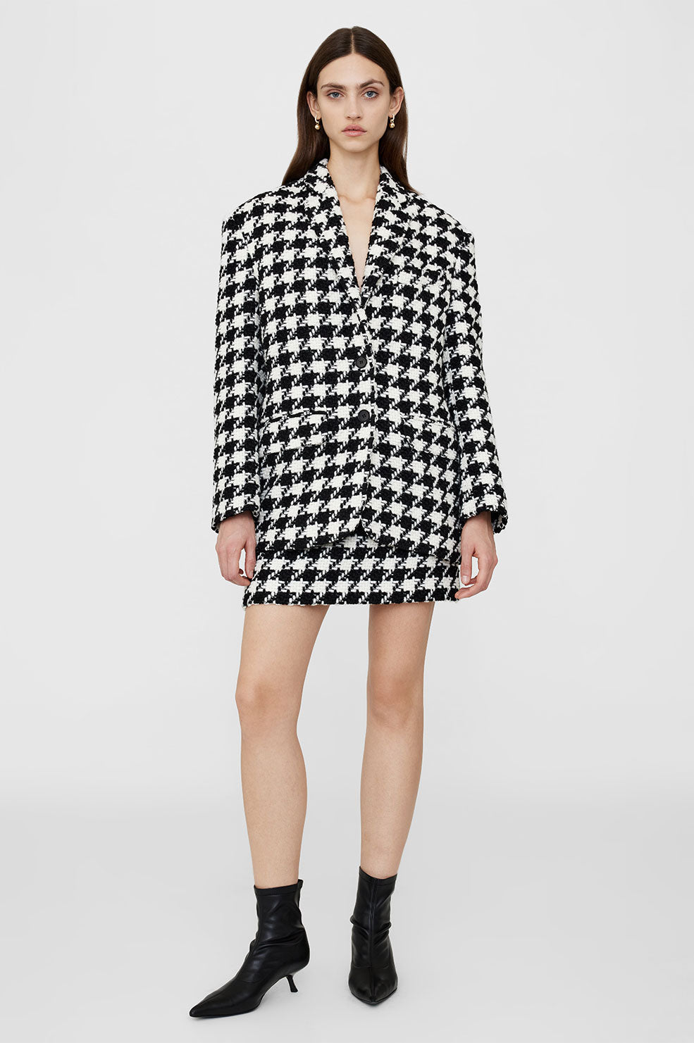 ANINE BING Ada Skirt - Black And White Houndstooth - On Model Front Second Image