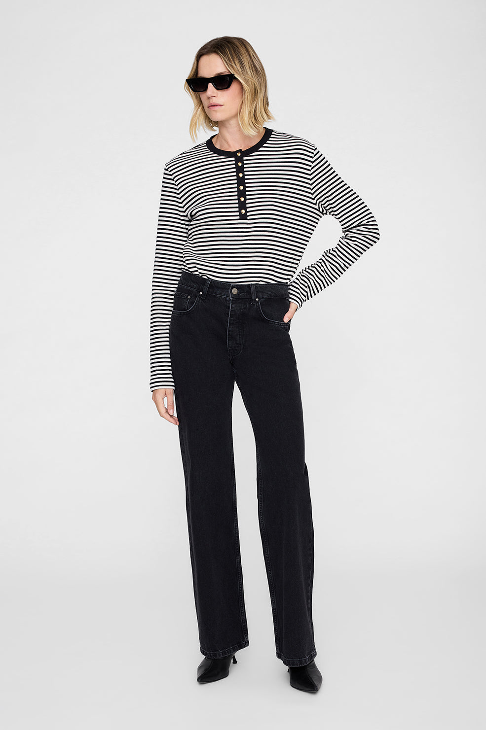 ANINE BING Alessia Long Sleeve Tee - Cream And Black Stripe - on model front