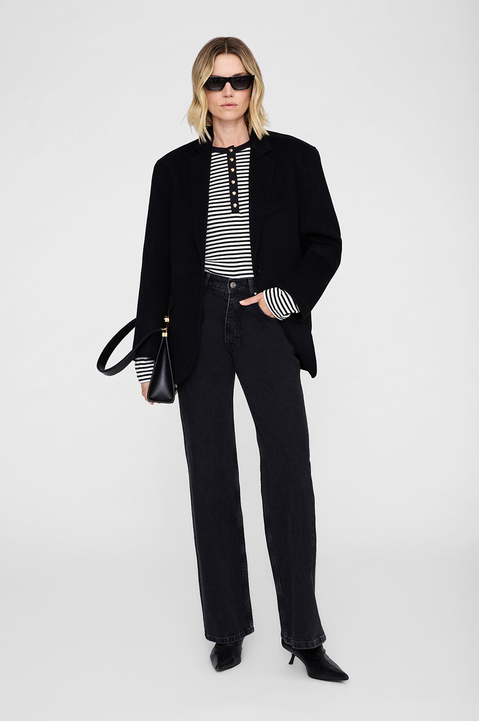 ANINE BING Alessia Long Sleeve Tee - Cream And Black Stripe - on model front second image