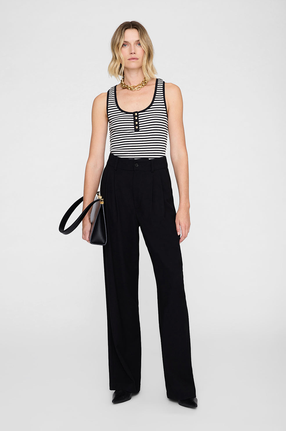 ANINE BING Alessia Tank - Cream And Black Stripe - on model front 