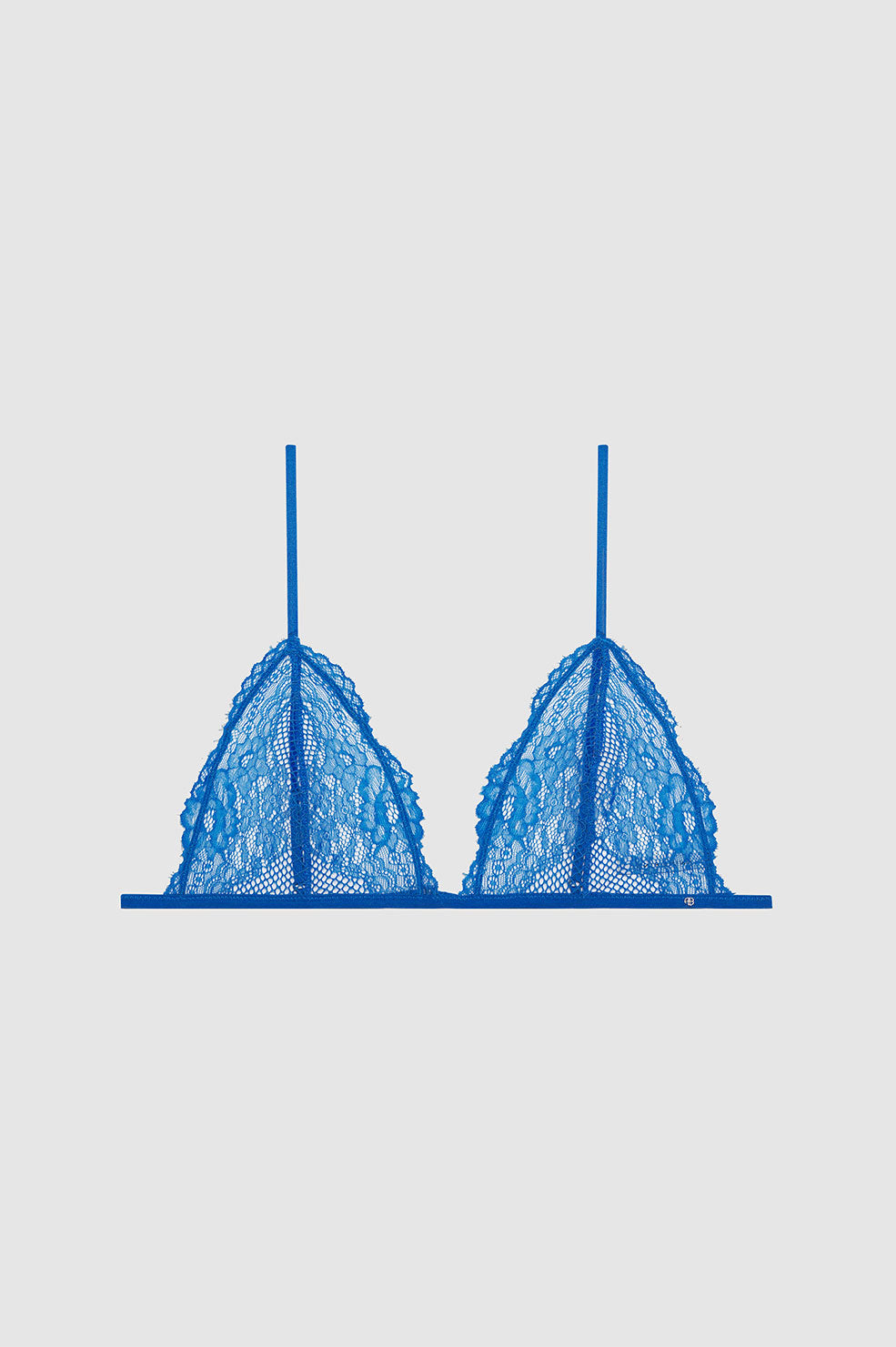 Electric blue lace bra with adjustable straps and a triangular cup design.