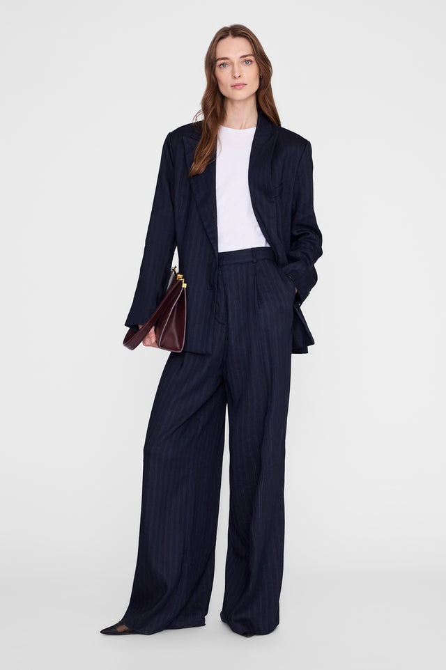 ANINE BING Aretha Blazer - Navy Pinstripe - on model front