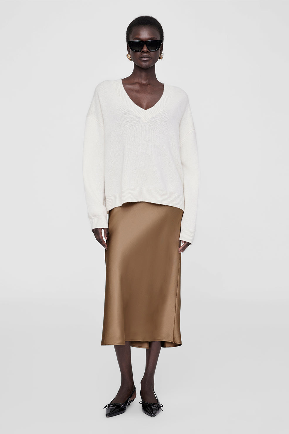 ANINE BING Bar Silk Skirt - Sepia - On Model Front