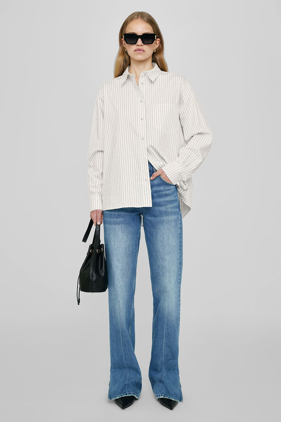 ANINE BING Braxton Shirt - Ivory And Blue Monogram Stripe - On Model Front
