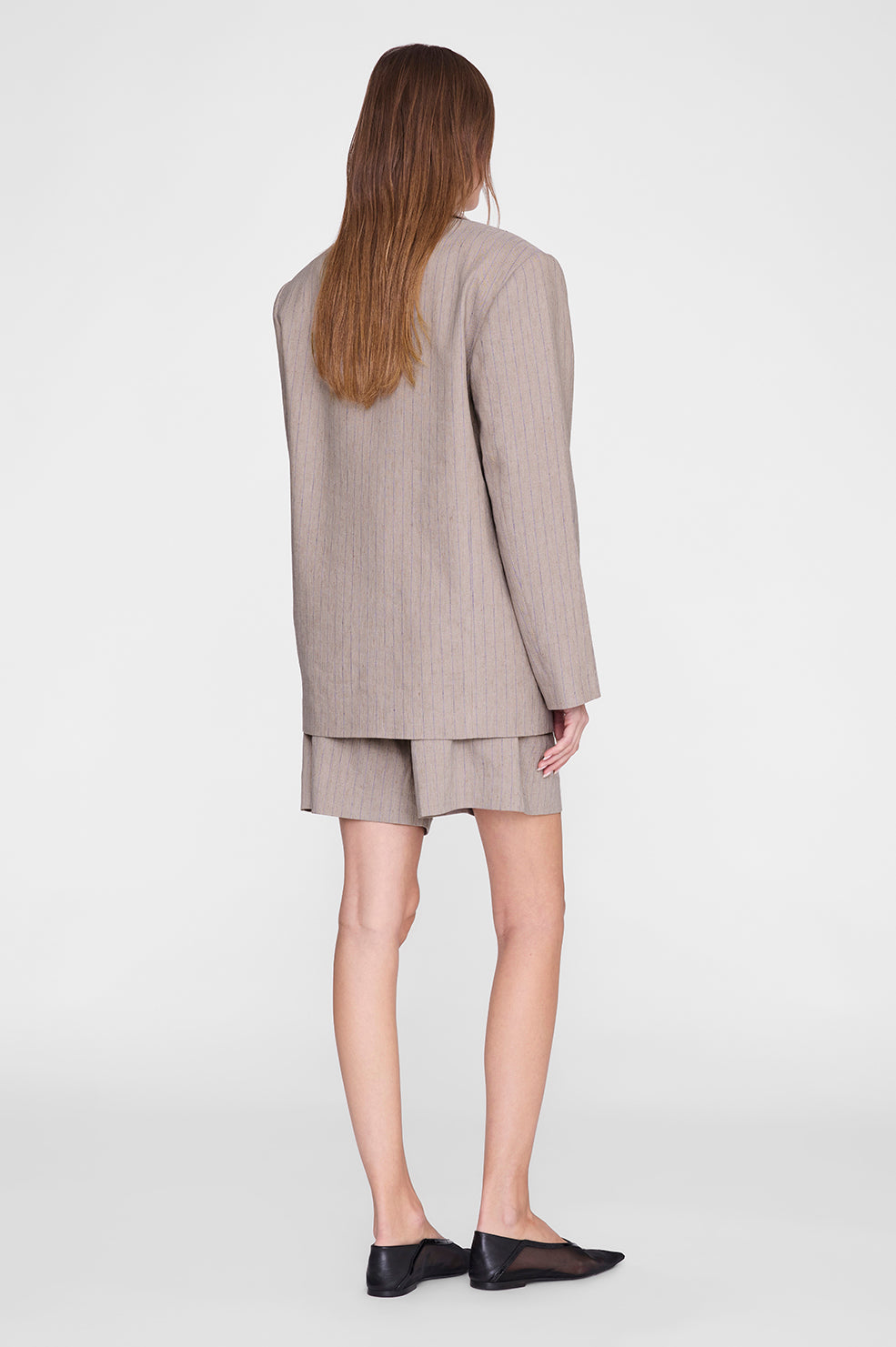 ANINE BING Brice Short - Taupe And Blue Pinstripe - on model back