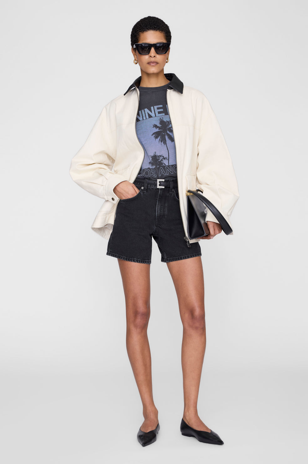 ANINE BING Cade Tee Palms - Washed Grey - on model front