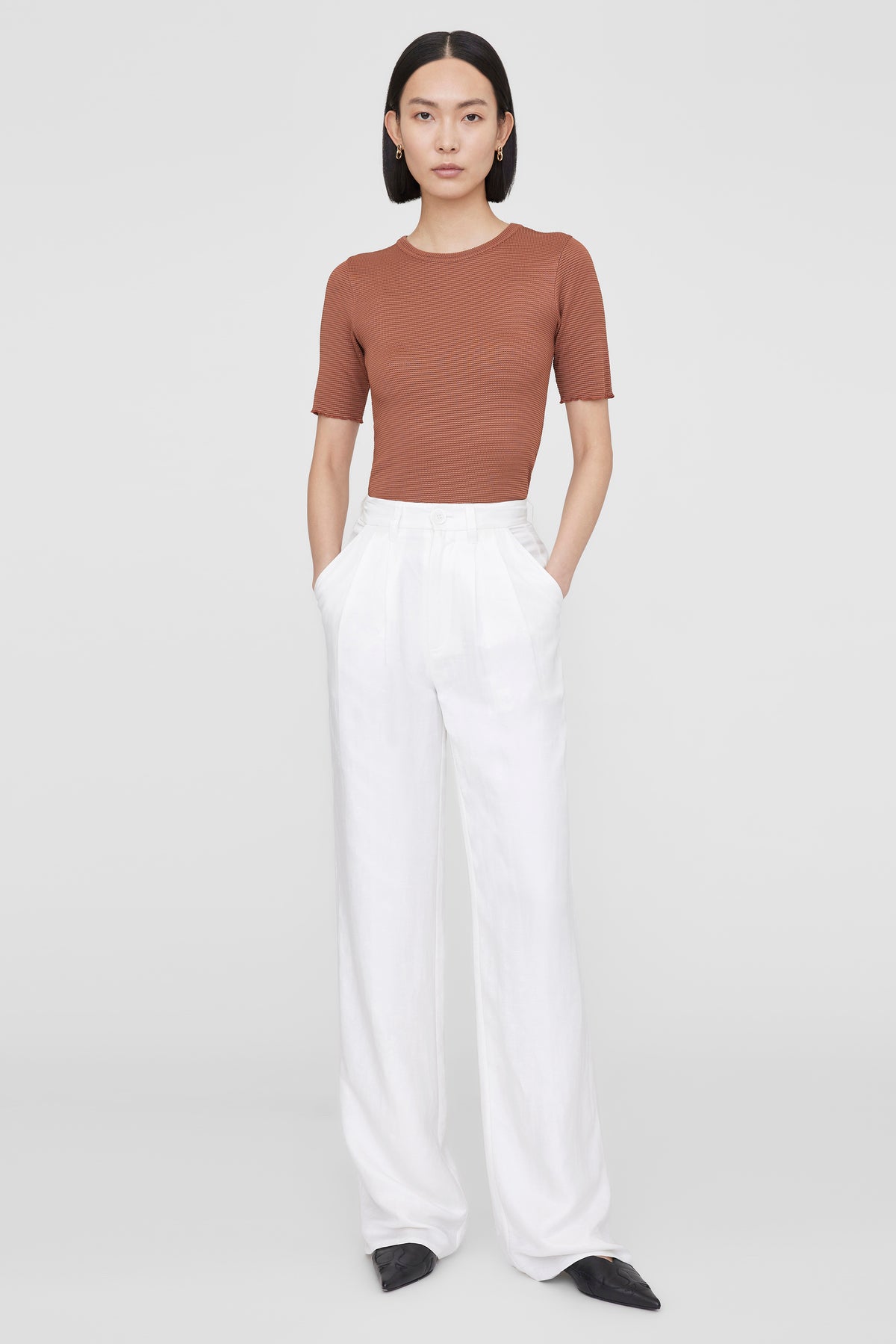 ANINE BING Caitlyn Top - Terracotta Waffle - On Model Front