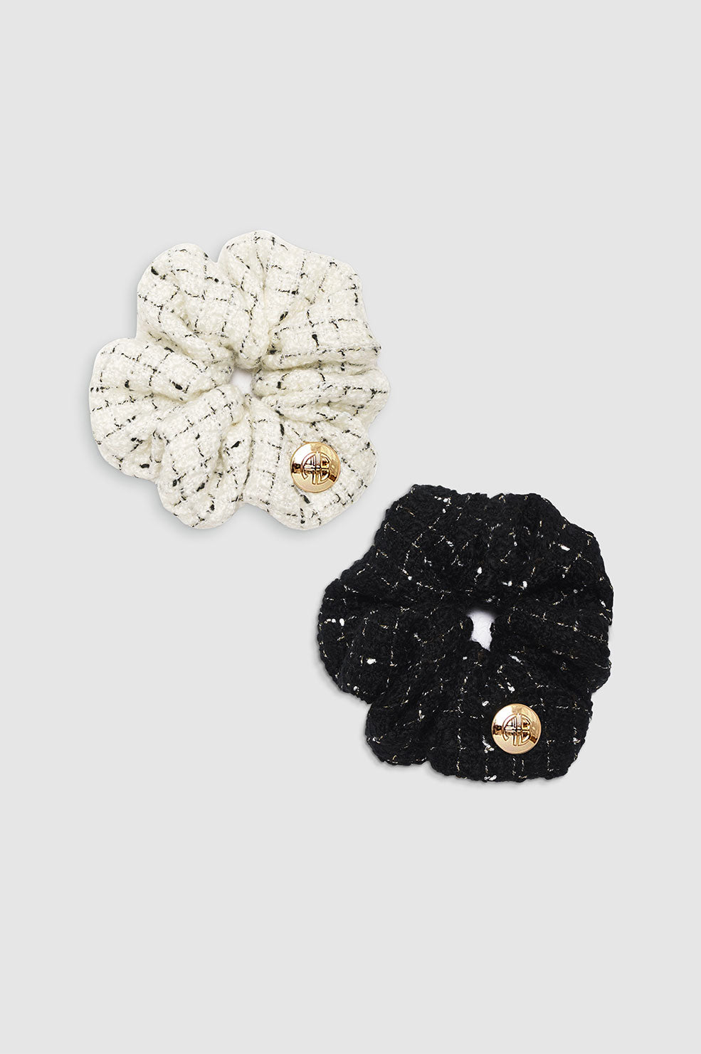 ANINE BING Camellia Scrunchie 2 Pack - Cream And Black Tweed - Front View Both Colorways
