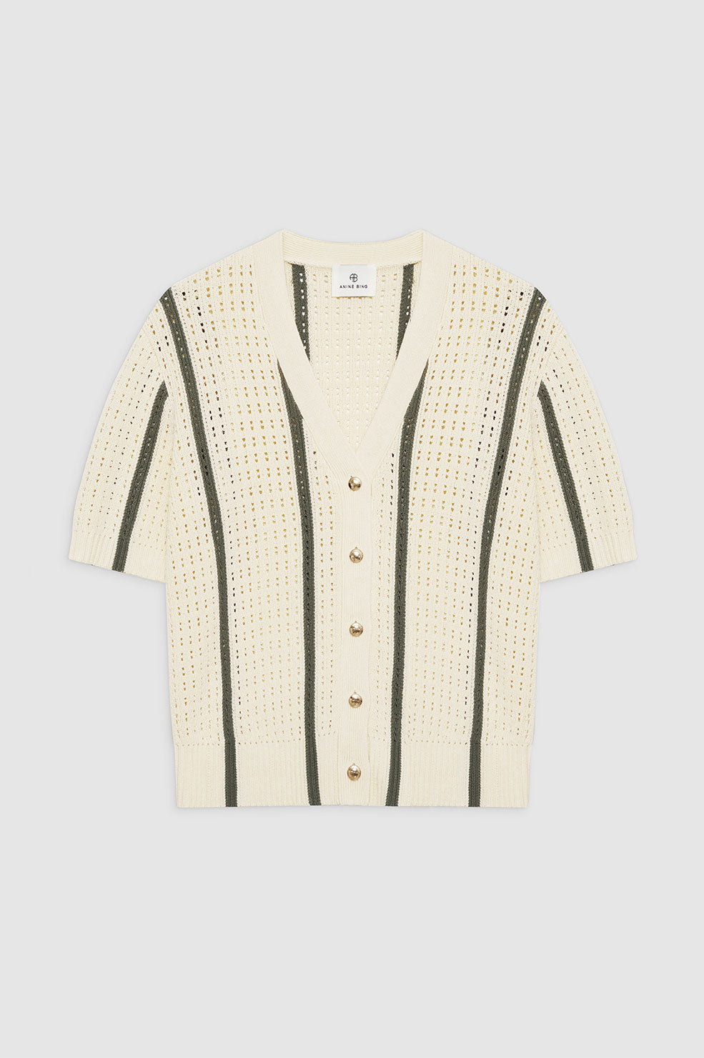 ANINE BING Camryn Cardigan - Ivory And Army Green Stripe - Front View