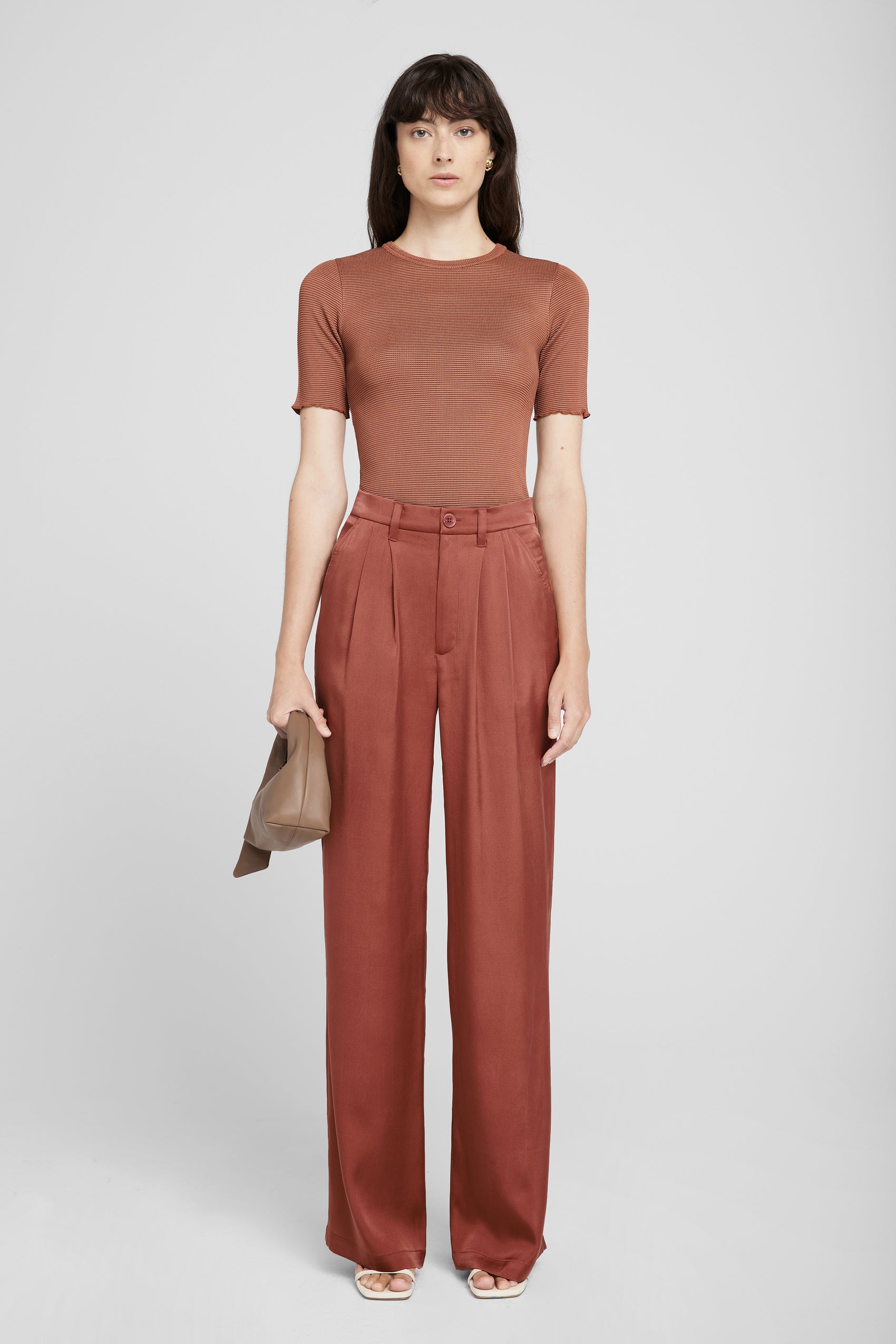 ANINE BING Carrie Pant - Terracotta Silk - On Model Front