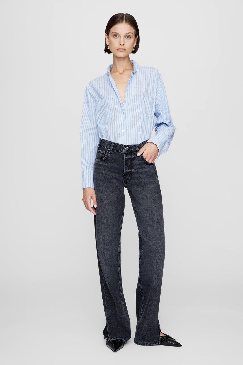 ANINE BING Catherine Shirt - Blue And White Stripe - On Model Front Second Image