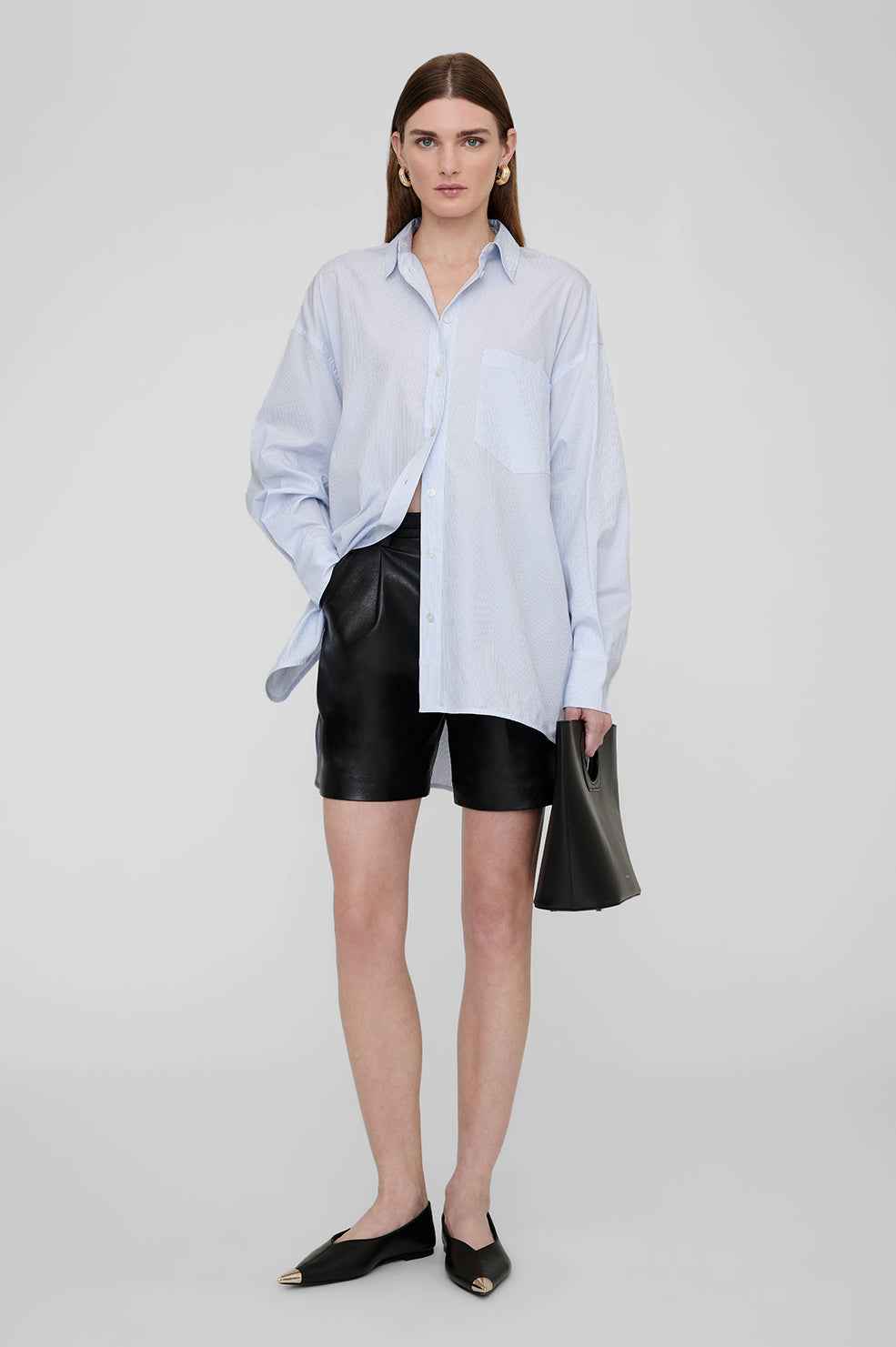 ANINE BING Chrissy Shirt - Blue And White Stripe - On Model Front
