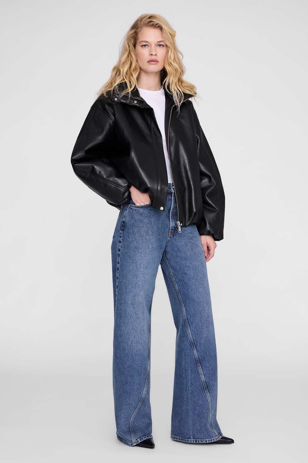 ANINE BING Cyrus Jacket - Black Recycled Leather - on model front second image