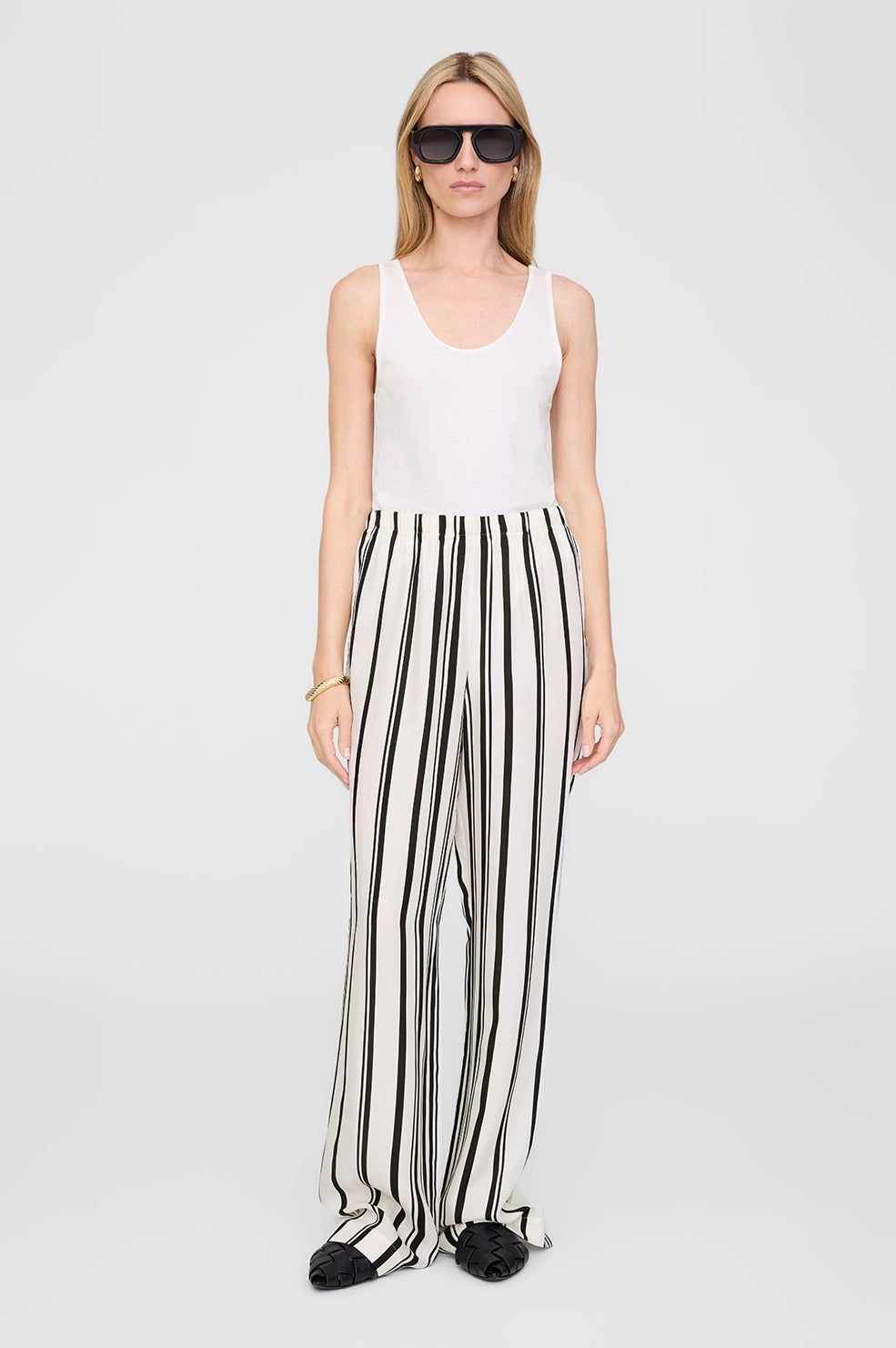 ANINE BING Elain Pant - Ivory And Black Monogram Stripe - On Model View