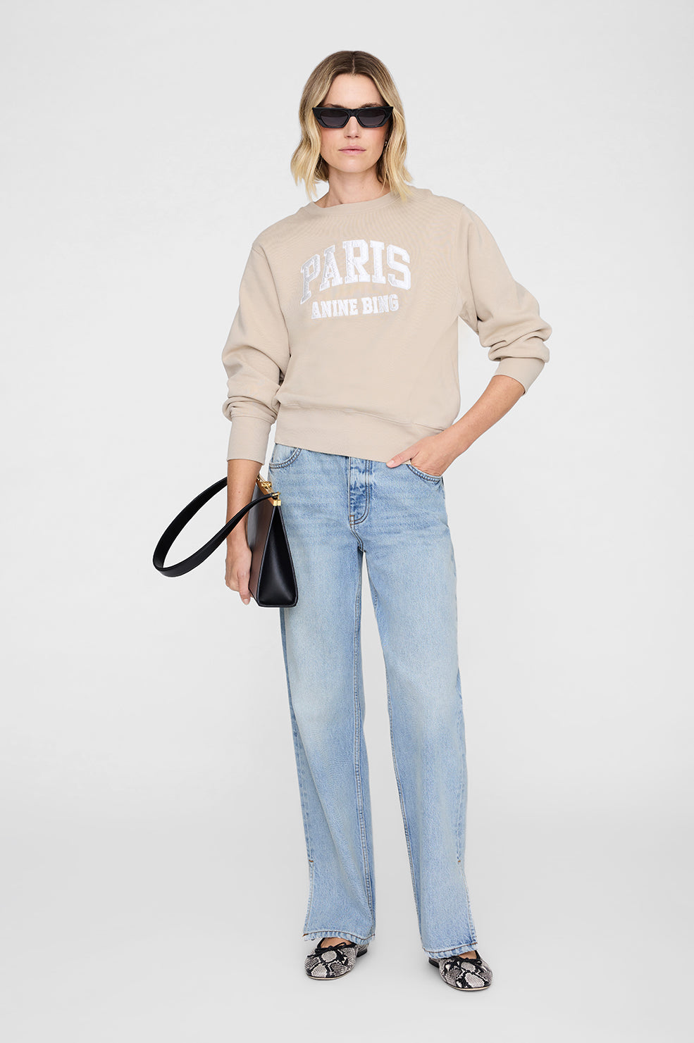 ANINE BING Harry Shrunken Sweatshirt Paris - Beige - on model front