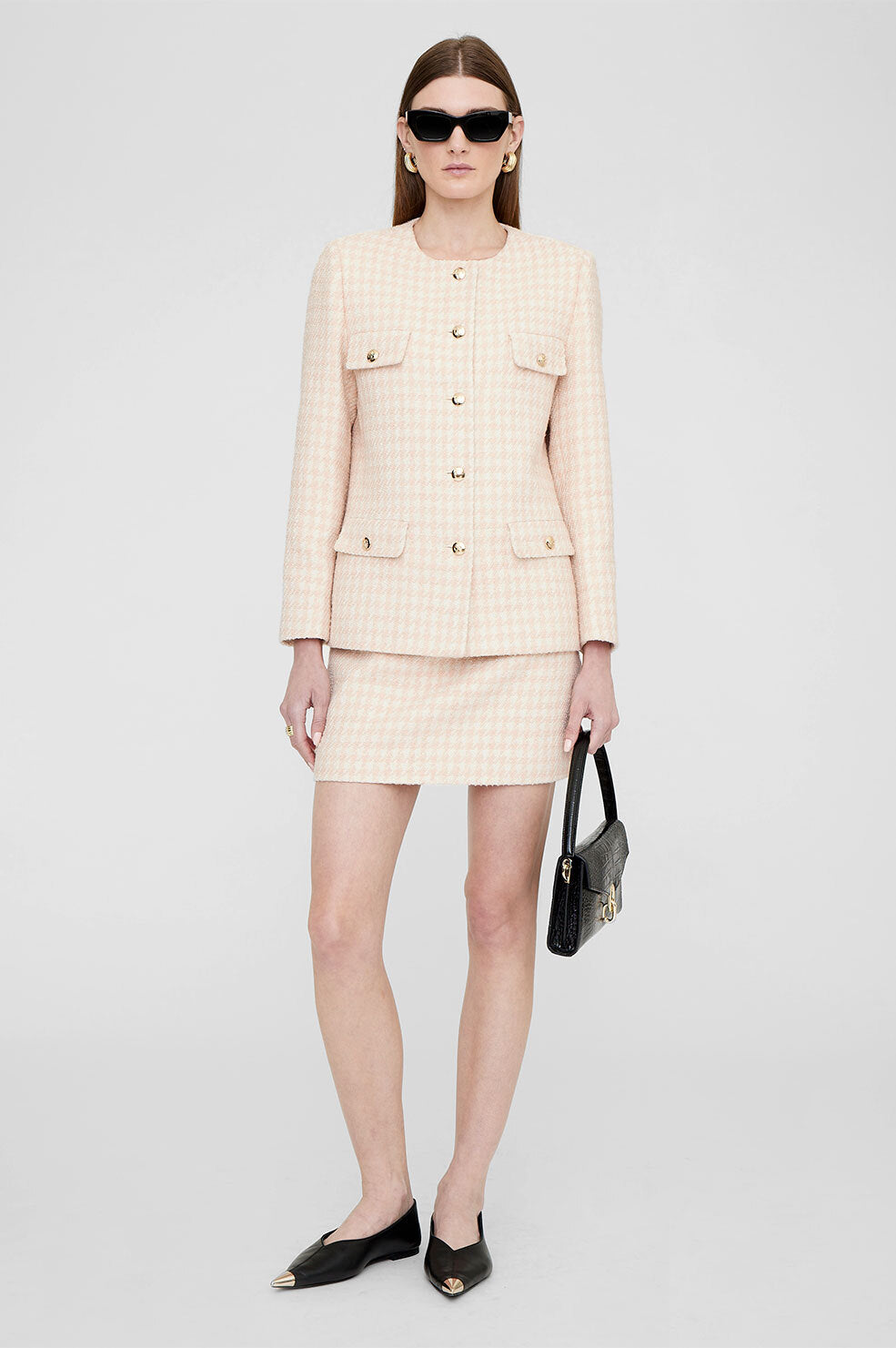 ANINE BING Janet Jacket - Cream And Peach Houndstooth - On Model Front Third Image