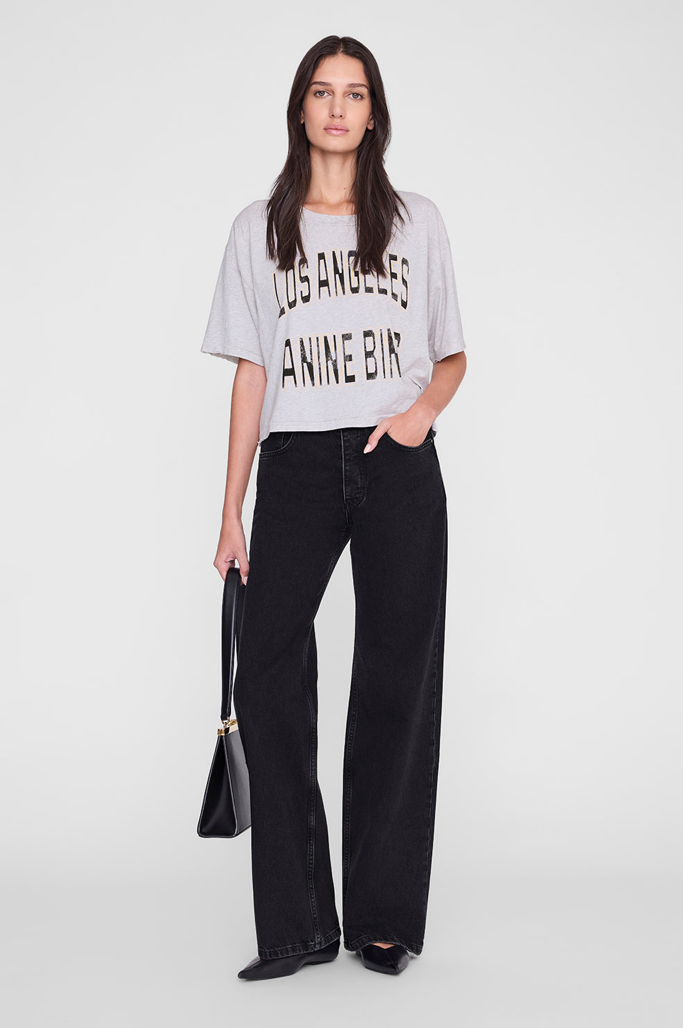 ANINE BING Johnny Cropped Tee - Grey Melange  - on model front