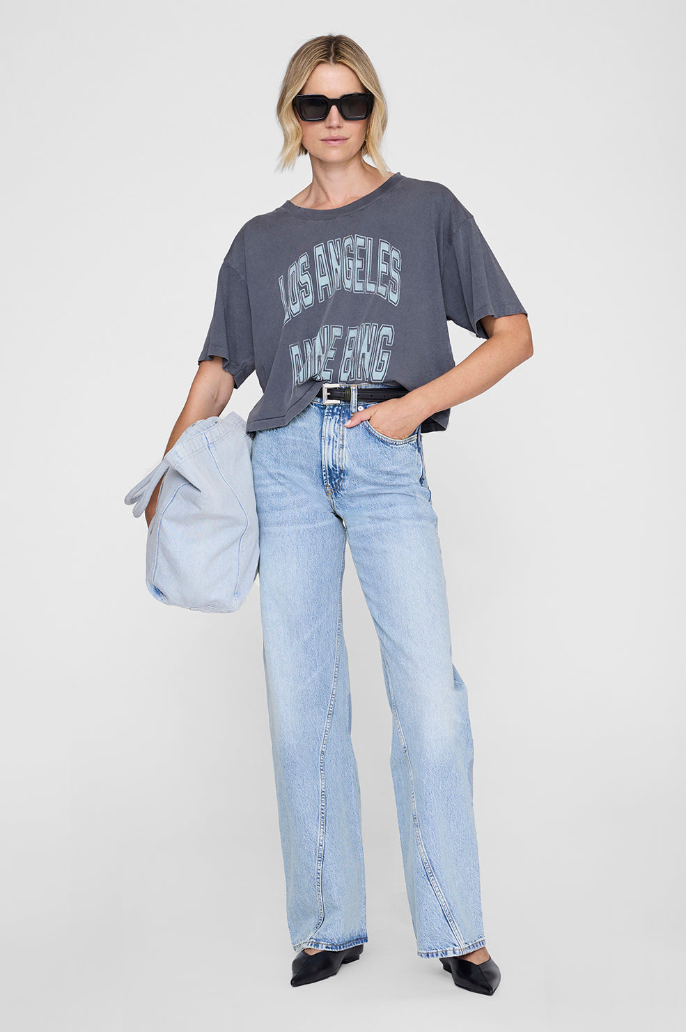 ANINE BING Johnny Cropped Tee - Washed Grey - on Model Front