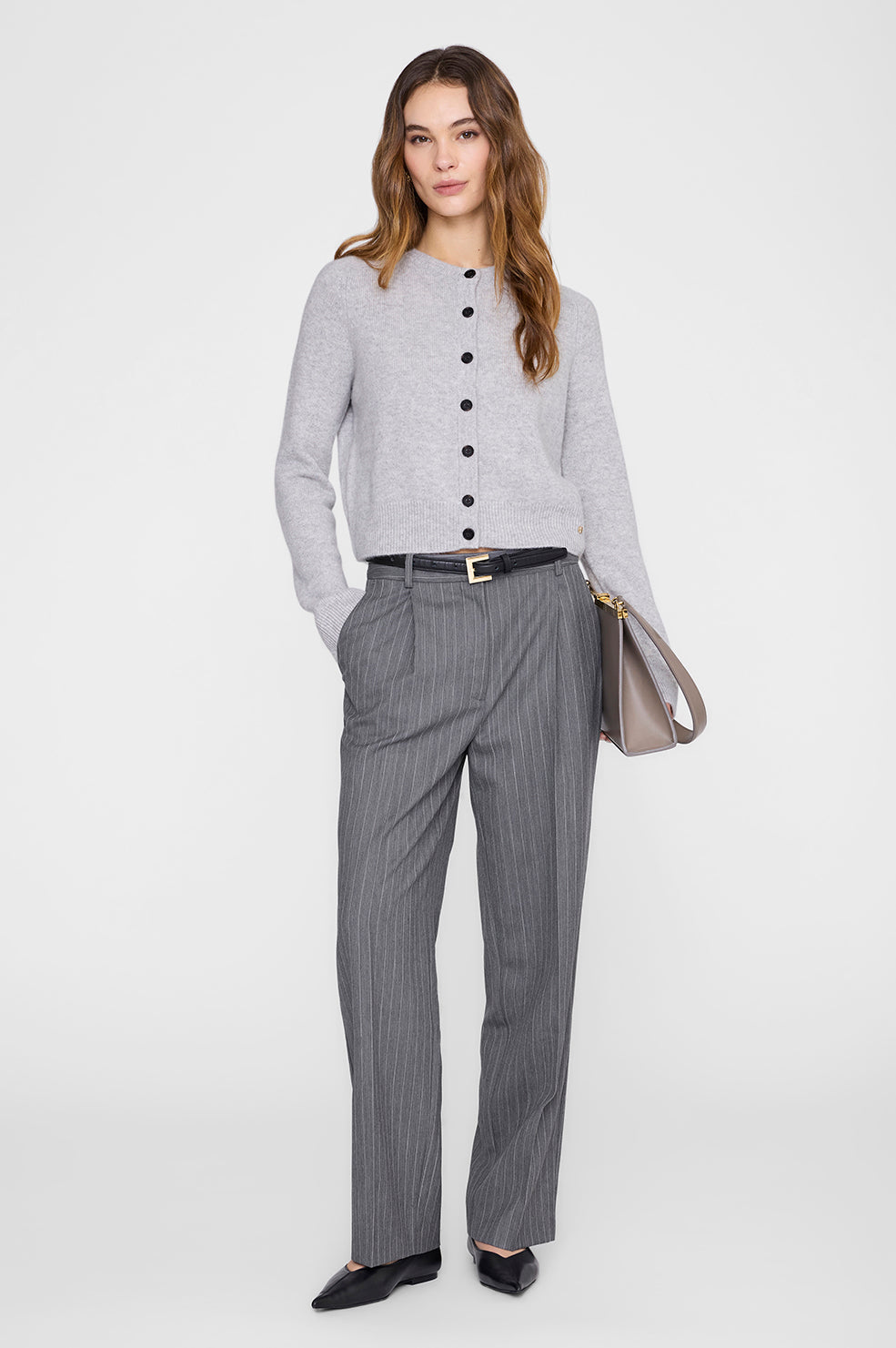 ANINE BING Joye Cardigan - Light Heather Grey - on model front