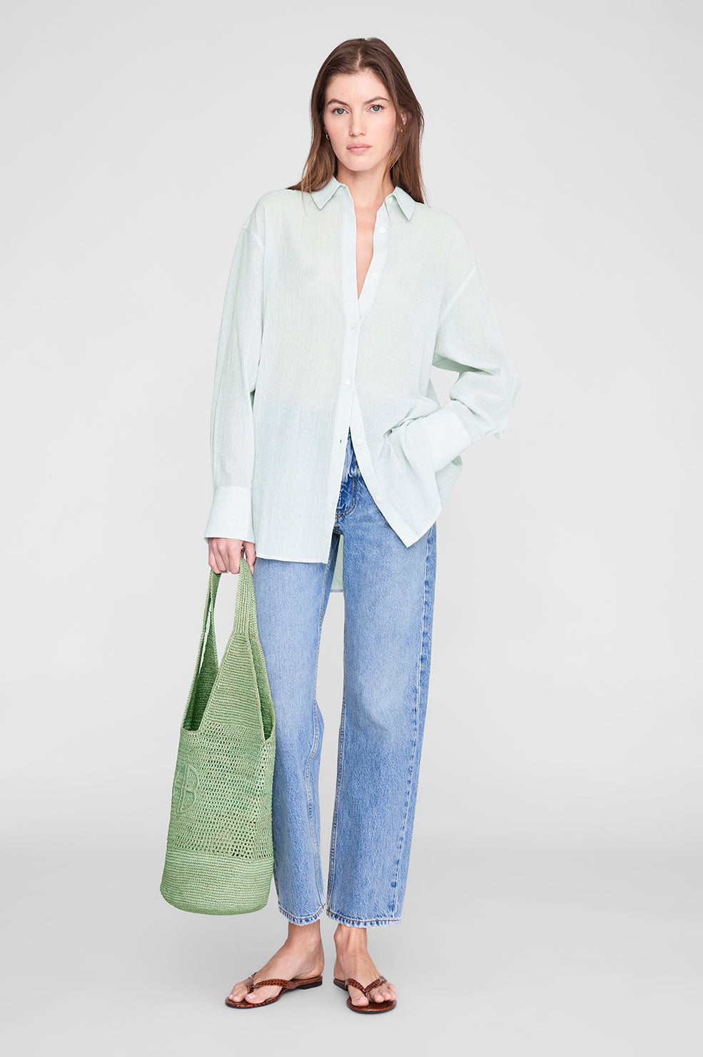 ANINE BING Leah Logo Hobo Raphia - Sea Foam Green -  on model front view