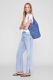 ANINE BING Leah Logo Hobo Raphia - Storm Blue - on model front view