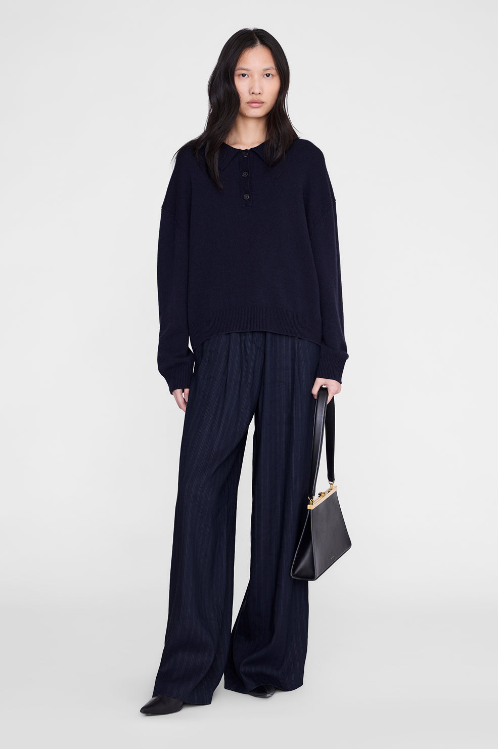 ANINE BING Lee Polo Sweater - Navy - on model front