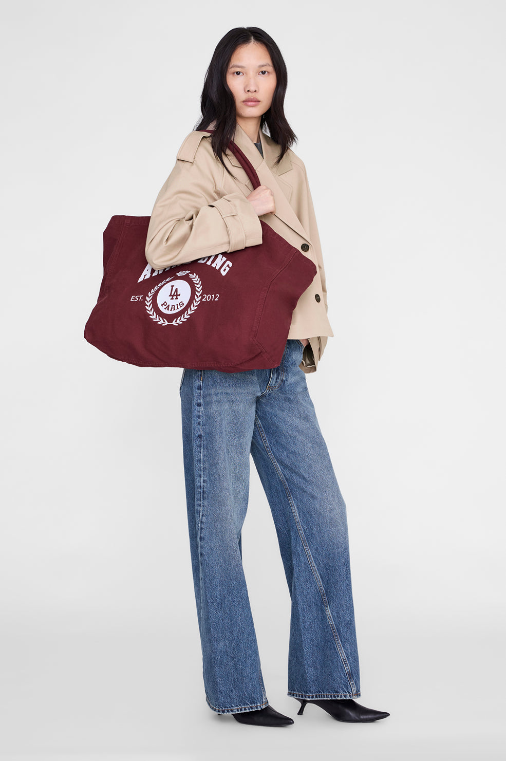 ANINE BING Leo Canvas Tote Collegiate - Fig - on model front view