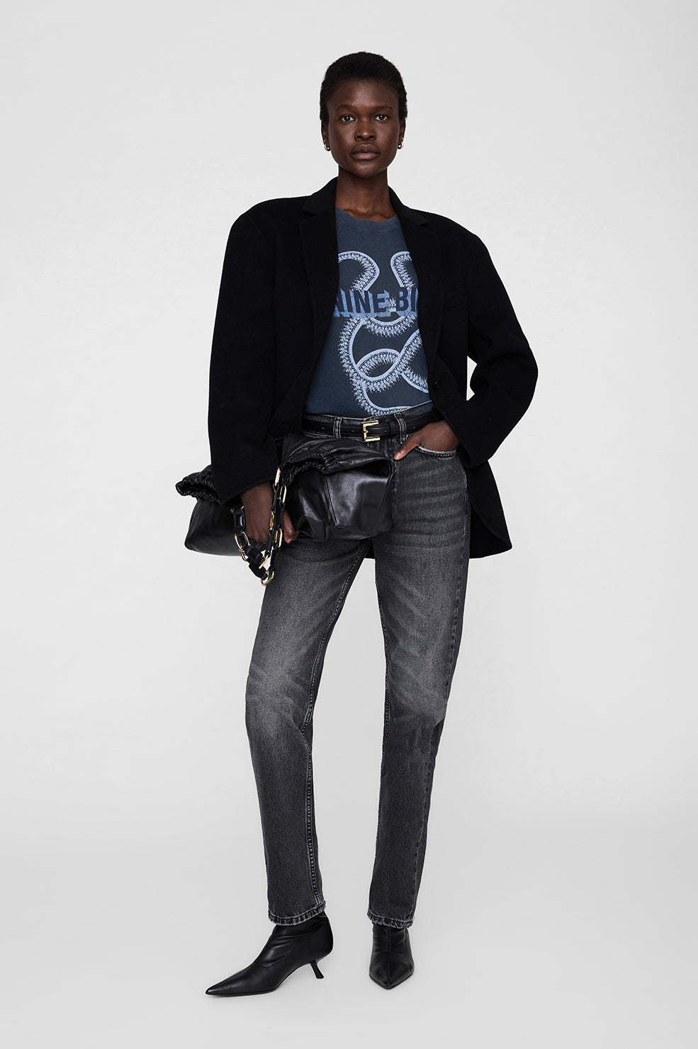 ANINE BING Lili Tee Snake - Washed Black - on model front second image