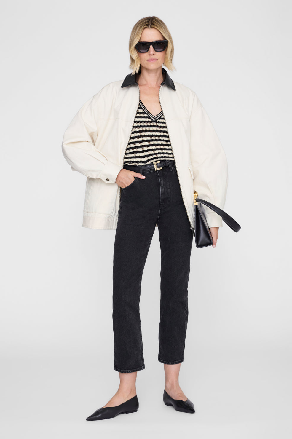 ANINE BING Lowen Sweater - Black And Ivory Stripe - on model front second image