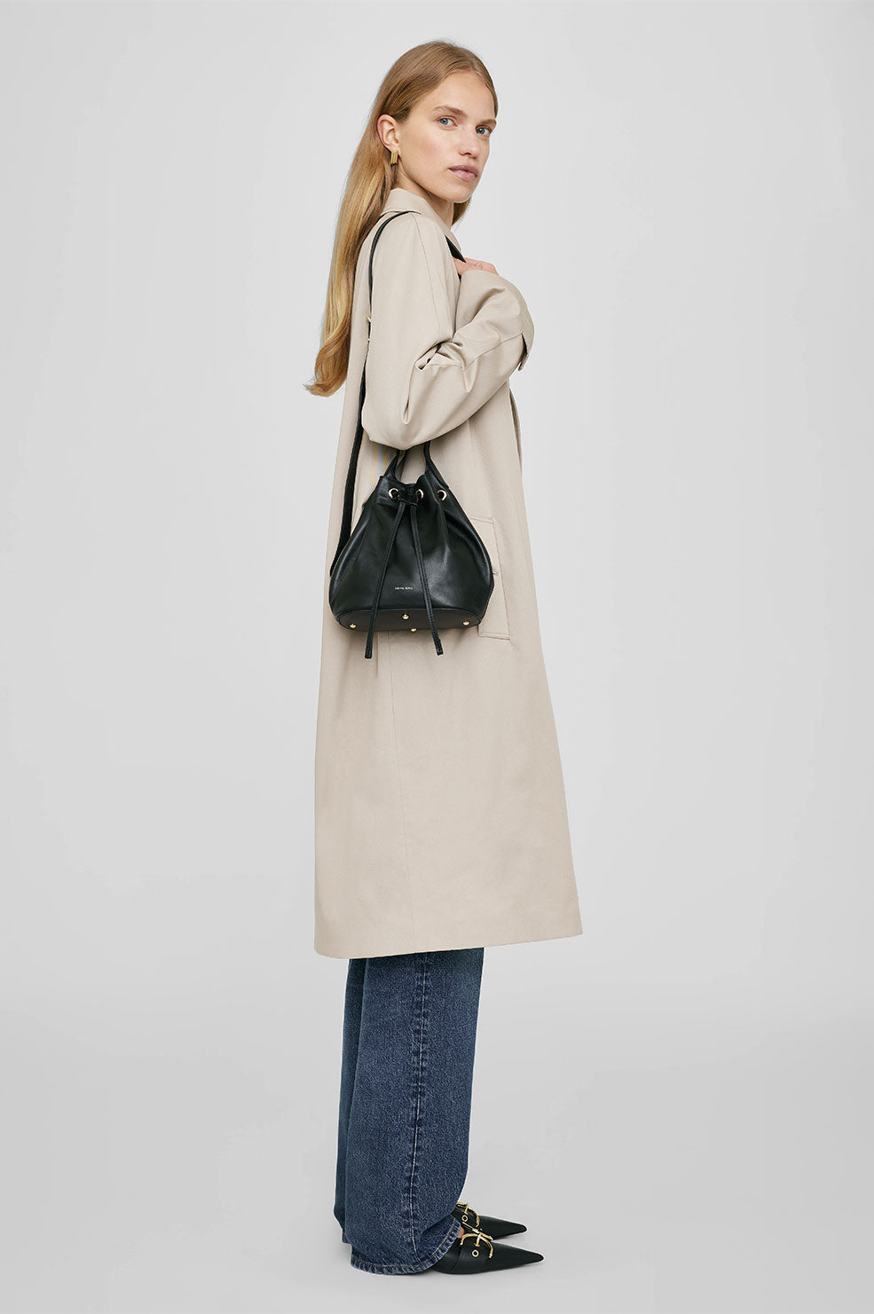 ANINE BING Mini Alana Bucket Bag - Black - On Model Front Second Image